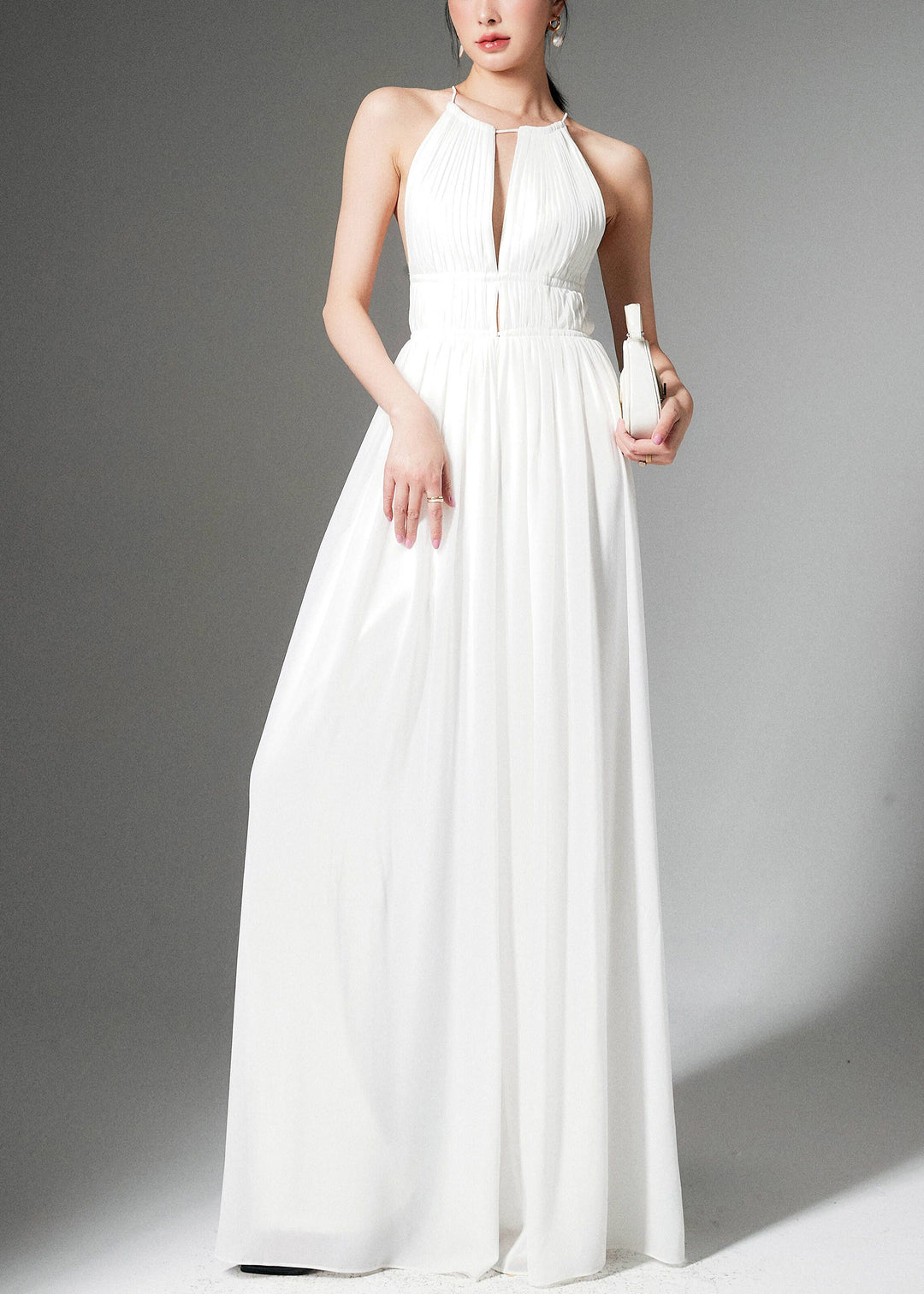 Stylish White Lace Up High Waist Silk Jumpsuit Sleeveless