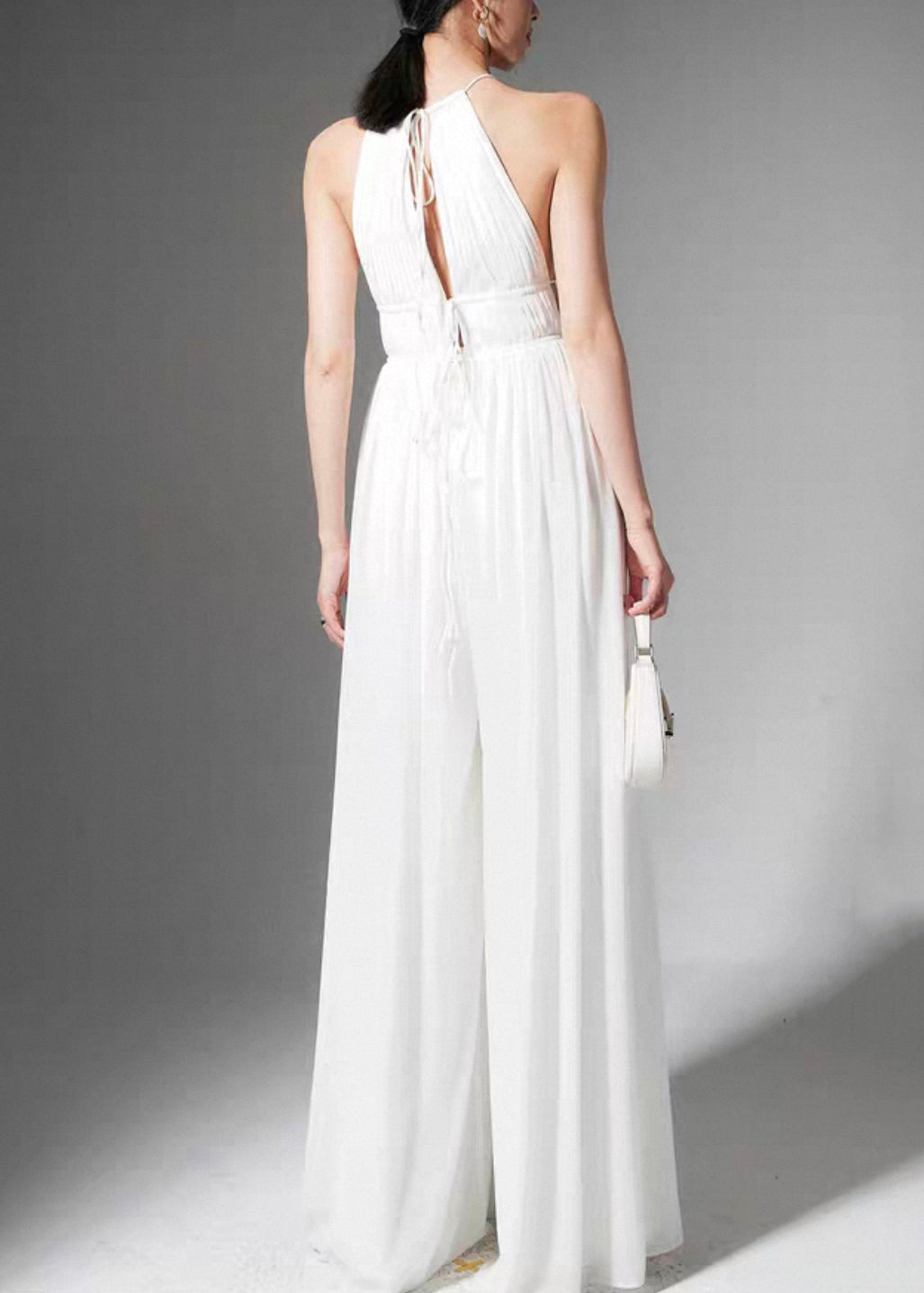 Stylish White Lace Up High Waist Silk Jumpsuit Sleeveless