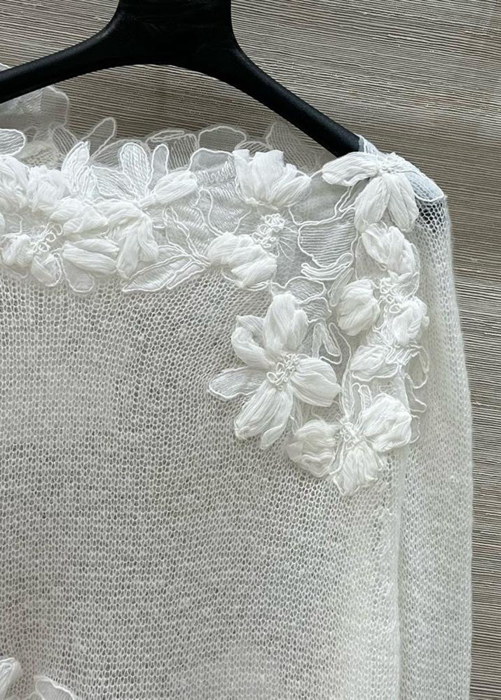 Stylish White O-Neck Floral Knit Shirt Tops Fall