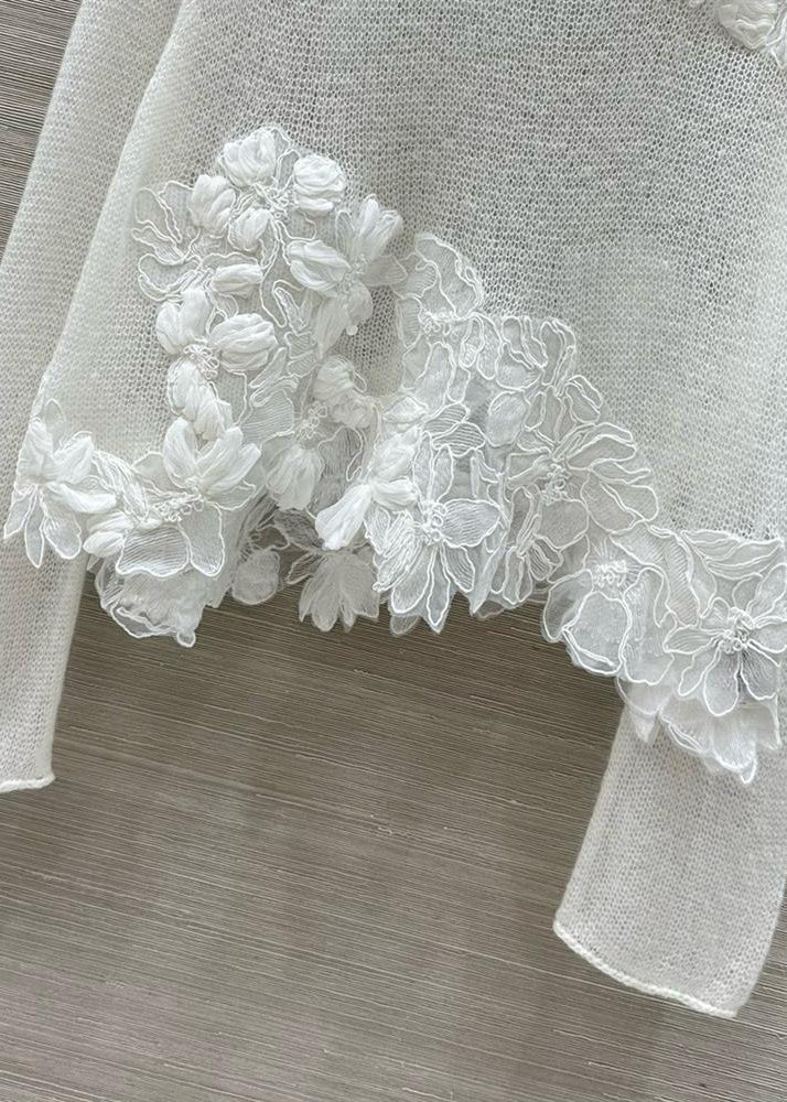 Stylish White O-Neck Floral Knit Shirt Tops Fall