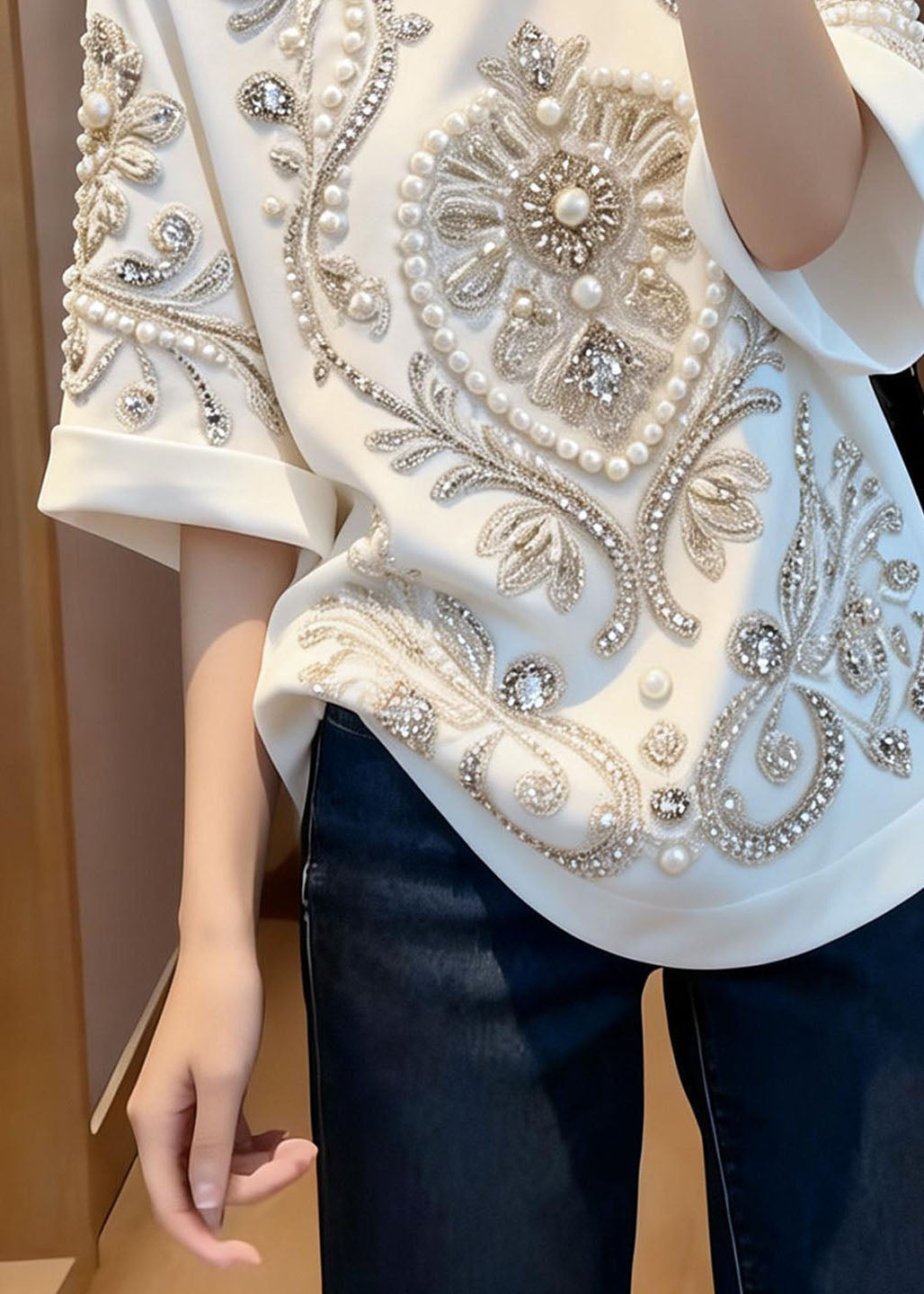 Stylish White O Neck Handmade Nail Bead Cotton T Shirt Summer