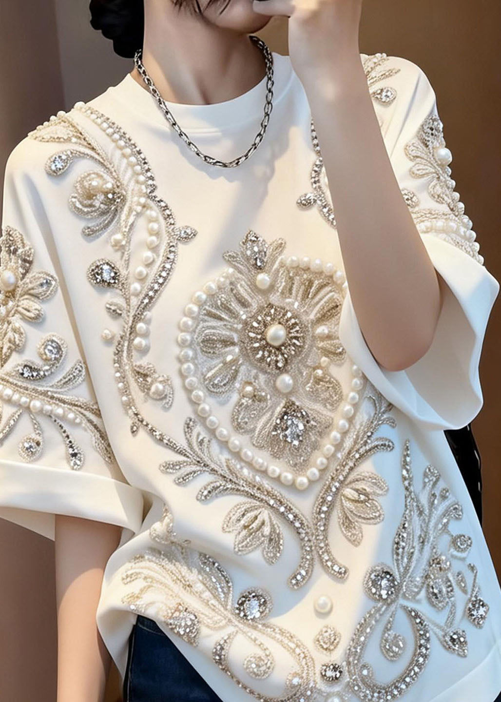 Stylish White O Neck Handmade Nail Bead Cotton T Shirt Summer