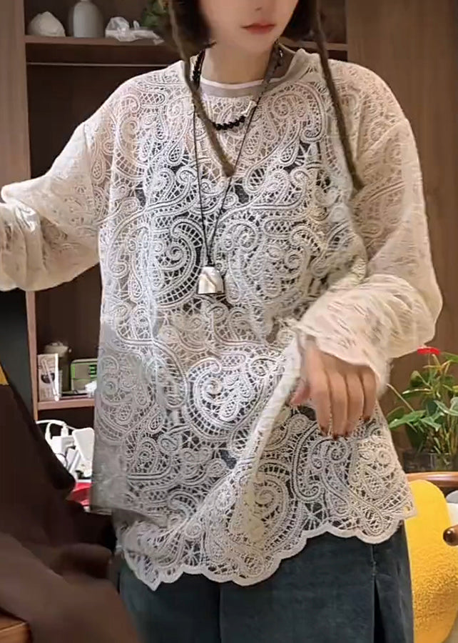 Stylish White O-Neck Hollow Out Lace T Shirt Spring