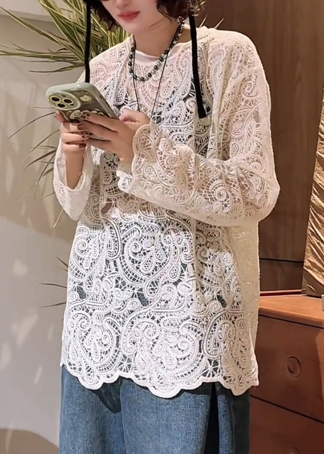 Stylish White O-Neck Hollow Out Lace T Shirt Spring
