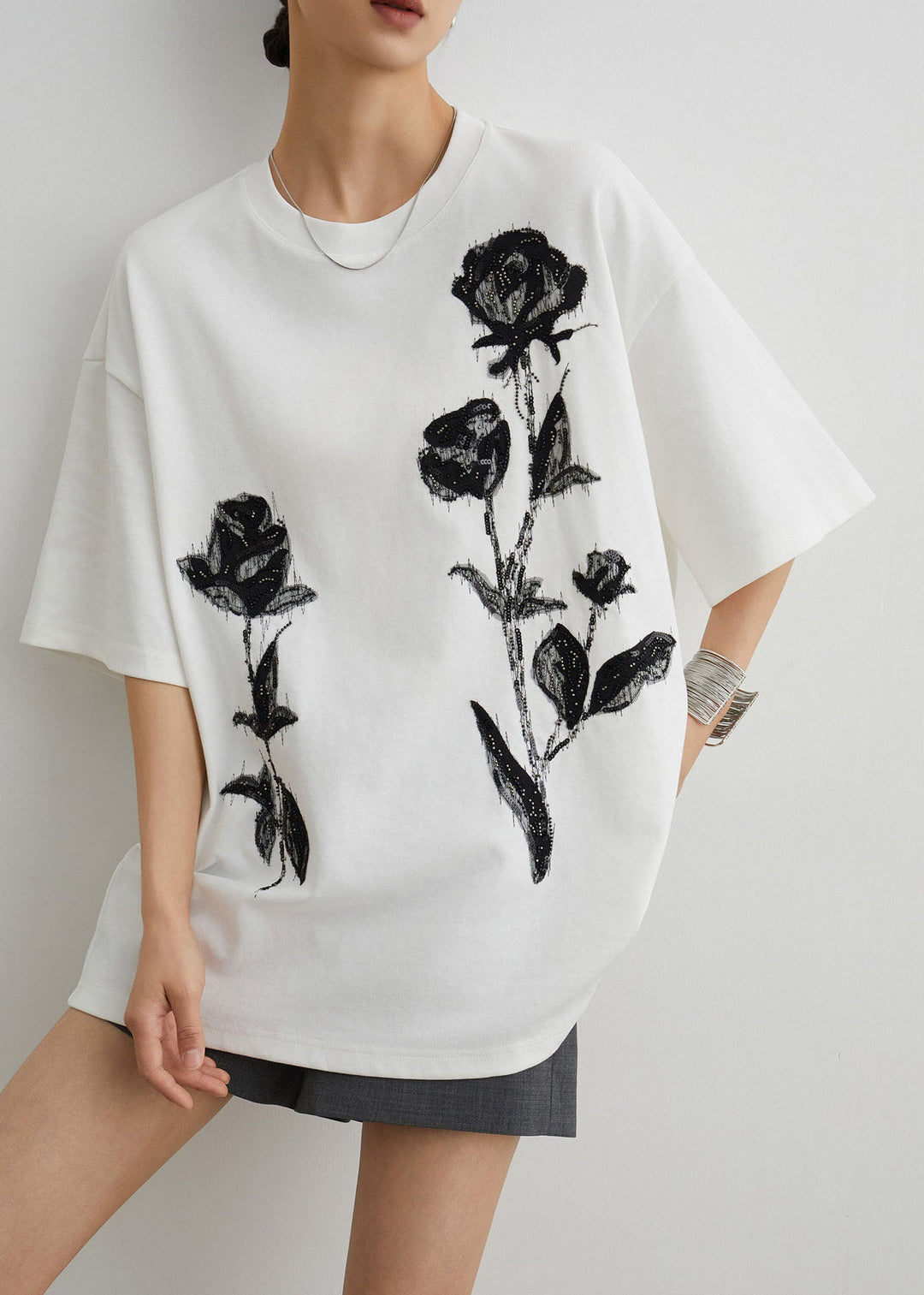 Stylish White O Neck Print Cotton T Shirt Top Summer