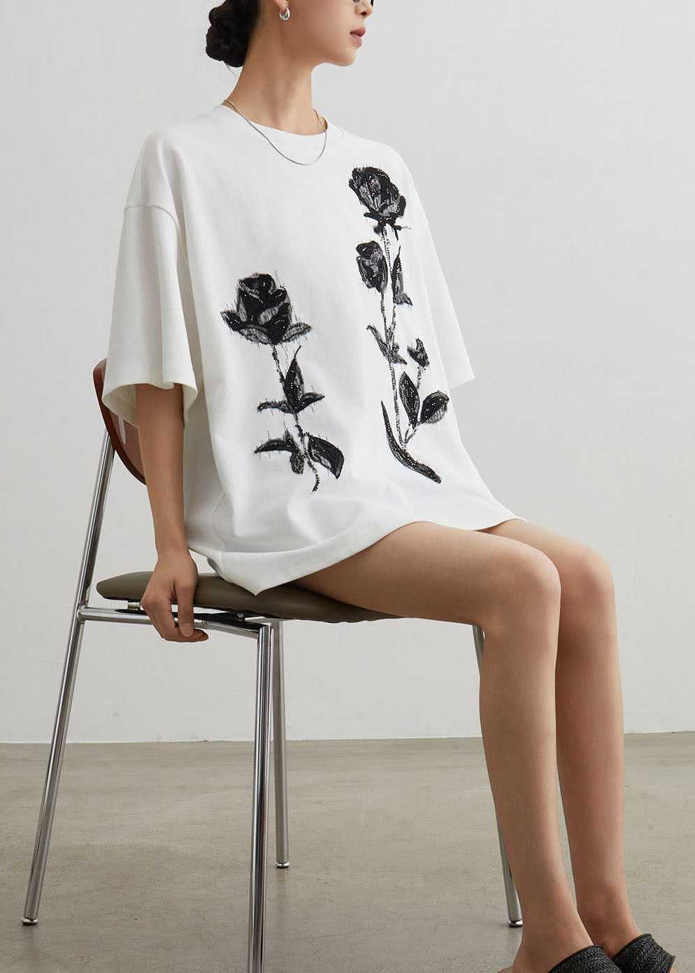 Stylish White O Neck Print Cotton T Shirt Top Summer