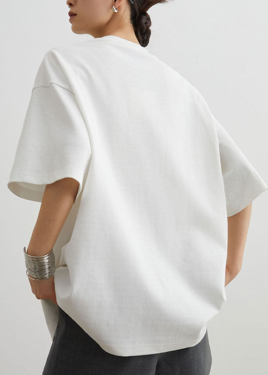 Stylish White O Neck Print Cotton T Shirt Top Summer