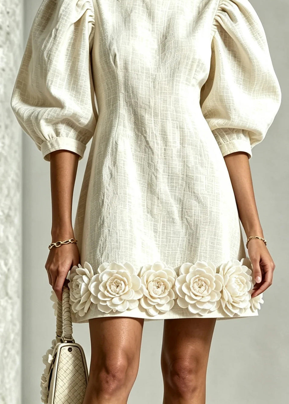 Stylish White O-Neck Stereoscopic Floral Hem Mini Dress Summer