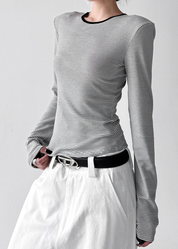 Stylish White O Neck Striped Hollow Out Cotton T Shirt Tops Fall