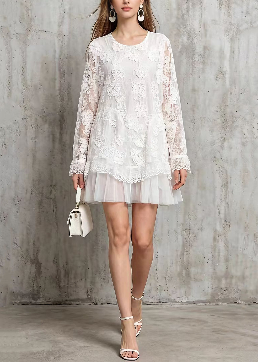 Stylish White O Neck Tulle Patchwork Lace Mid Dresses Spring