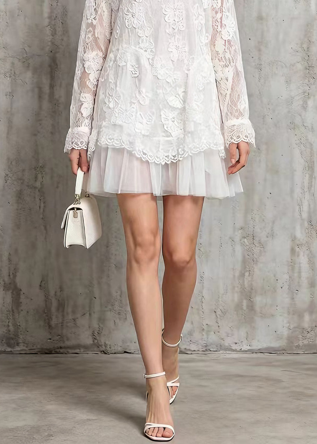 Stylish White O Neck Tulle Patchwork Lace Mid Dresses Spring