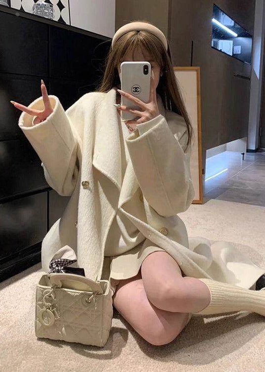 Stylish White Oversized Double Breast Woolen Trench Winter