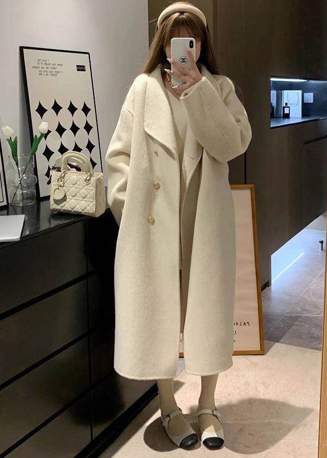 Stylish White Oversized Double Breast Woolen Trench Winter
