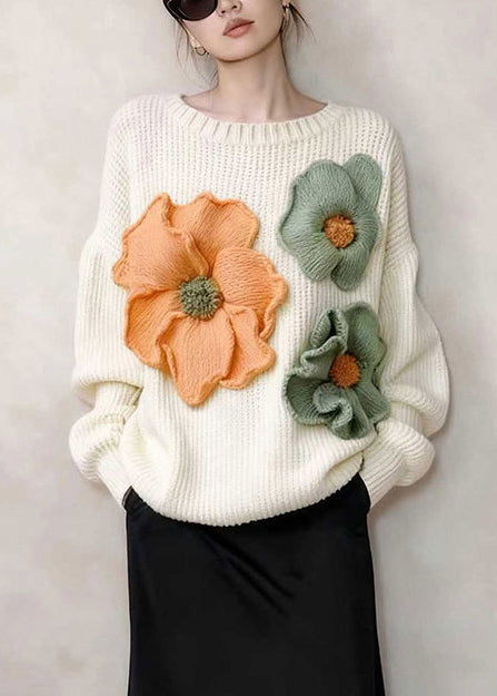 Stylish White Oversized Floral Decorated Knitted Tops Winter