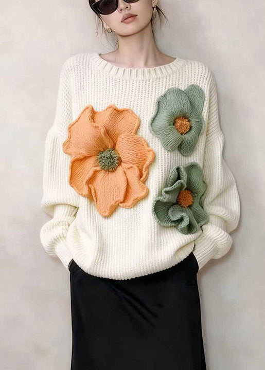 Stylish White Oversized Floral Decorated Knitted Tops Winter