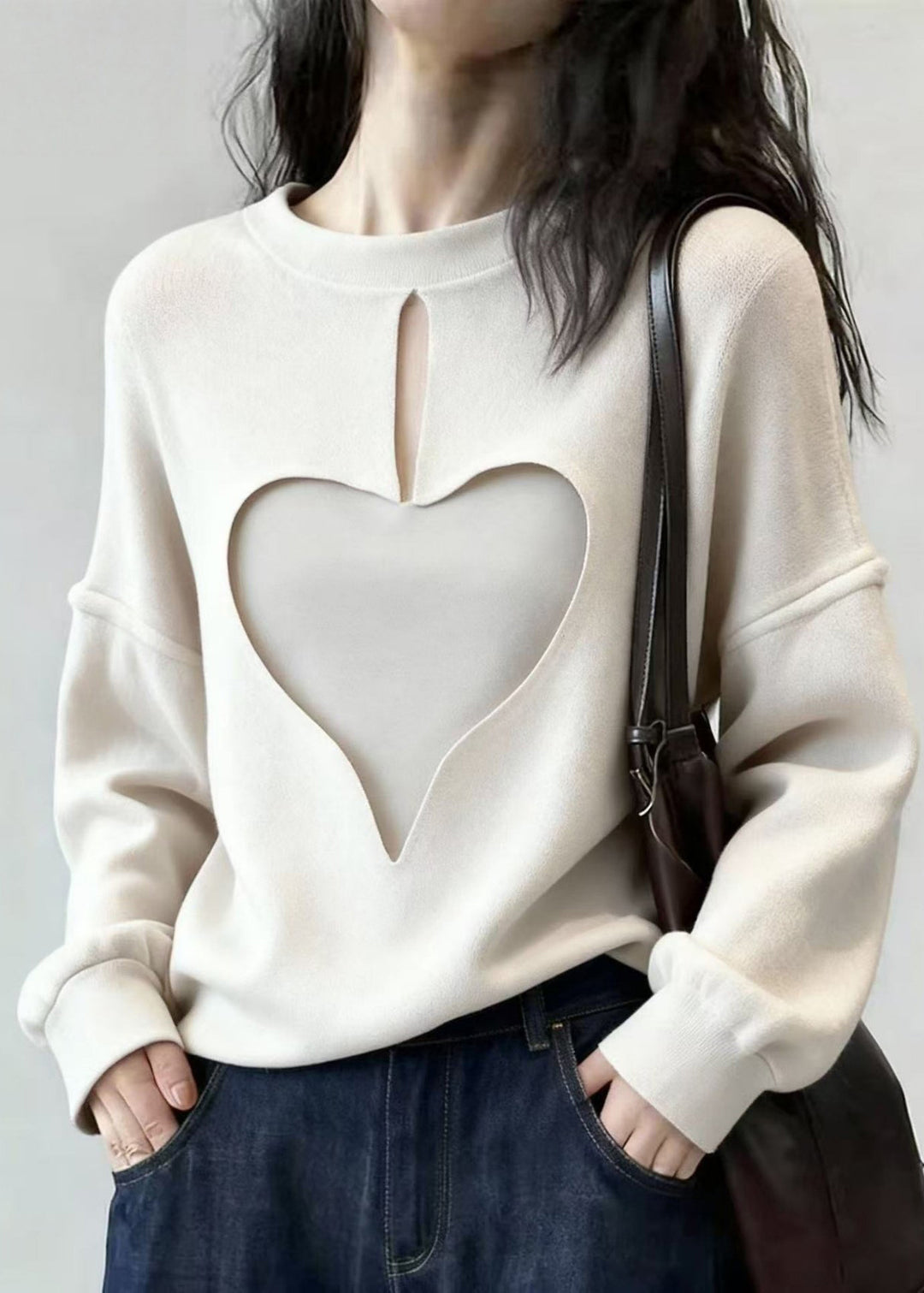 Stylish White Oversized Hollow Out Love Cotton Sweatshirts Top Spring - Omychic