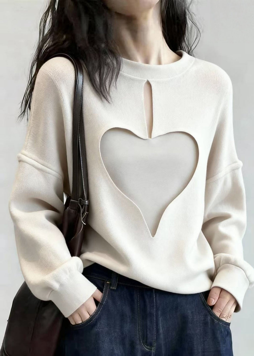 Stylish White Oversized Hollow Out Love Cotton Sweatshirts Top Spring - Omychic