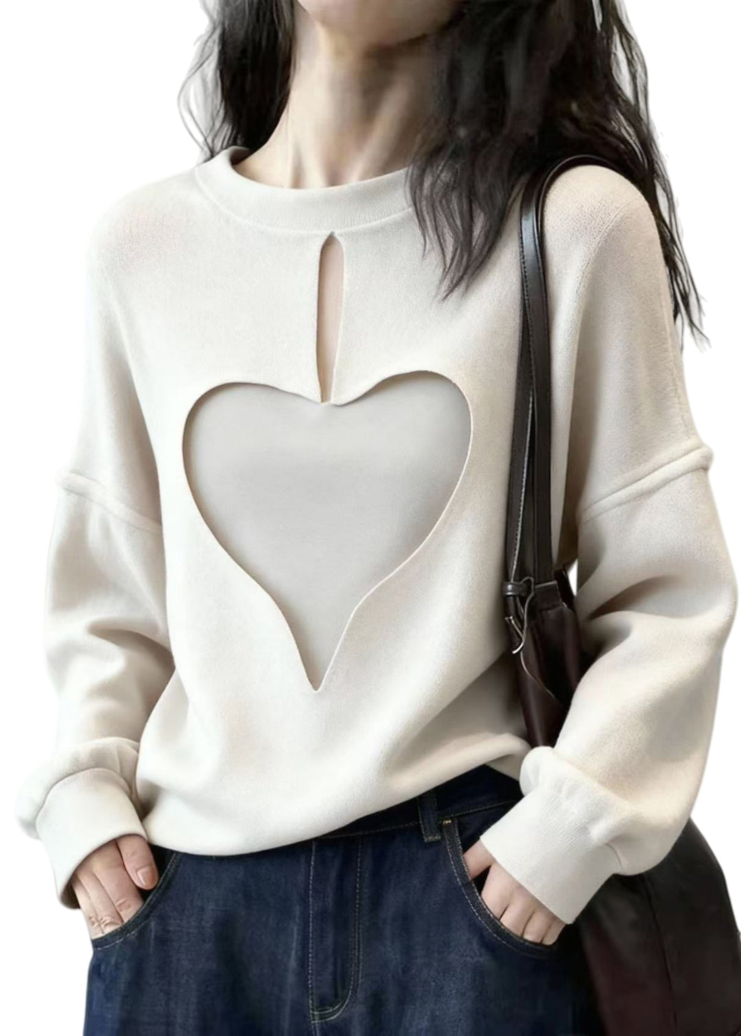 Stylish White Oversized Hollow Out Love Cotton Sweatshirts Top Spring - Omychic