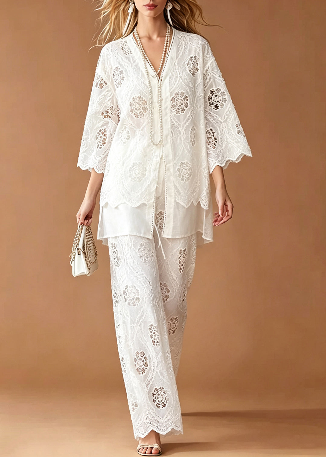 Stylish White Oversized Patchwork Lace Two Piece Suit Set Summer