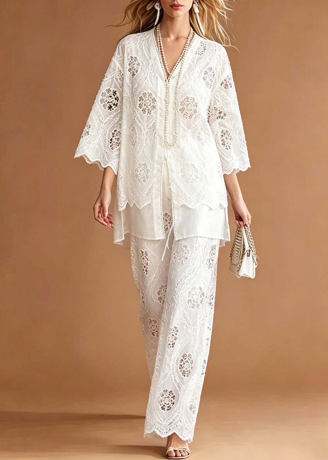 Stylish White Oversized Patchwork Lace Two Piece Suit Set Summer