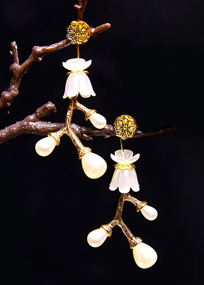 Stylish White Pearl 14K Gold Branch Drop Earrings - Omychic