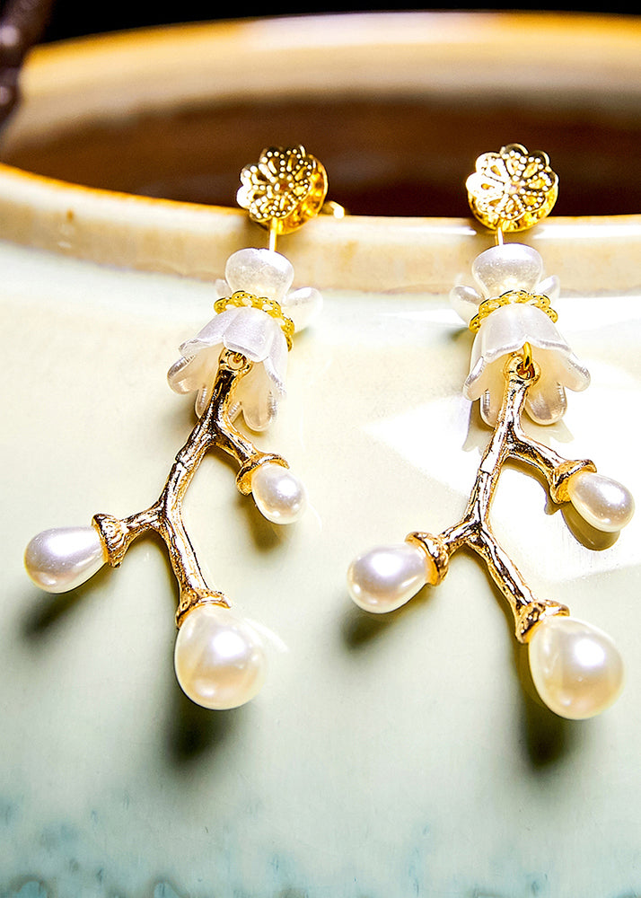 Stylish White Pearl 14K Gold Branch Drop Earrings - Omychic