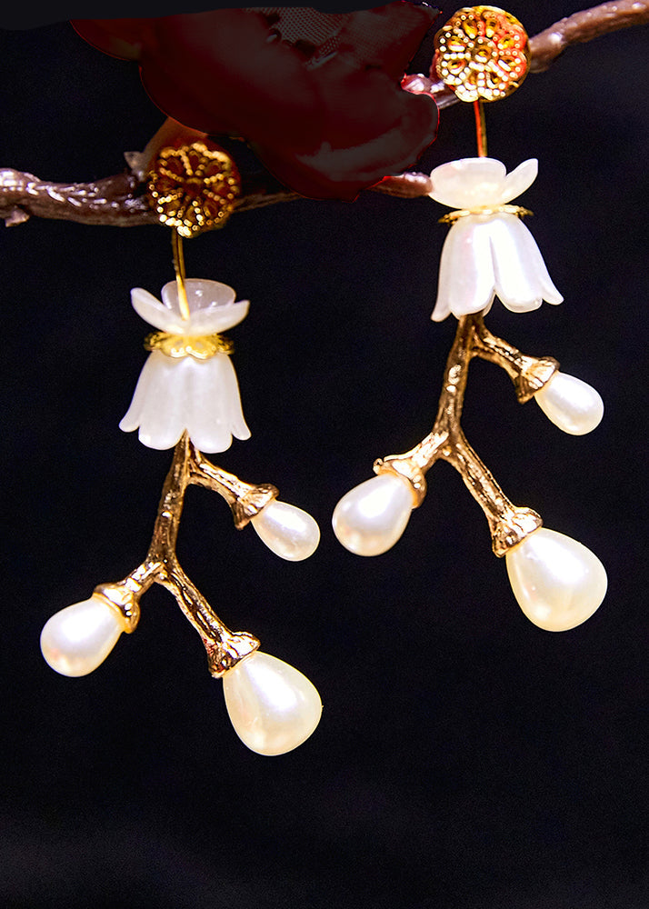 Stylish White Pearl 14K Gold Branch Drop Earrings