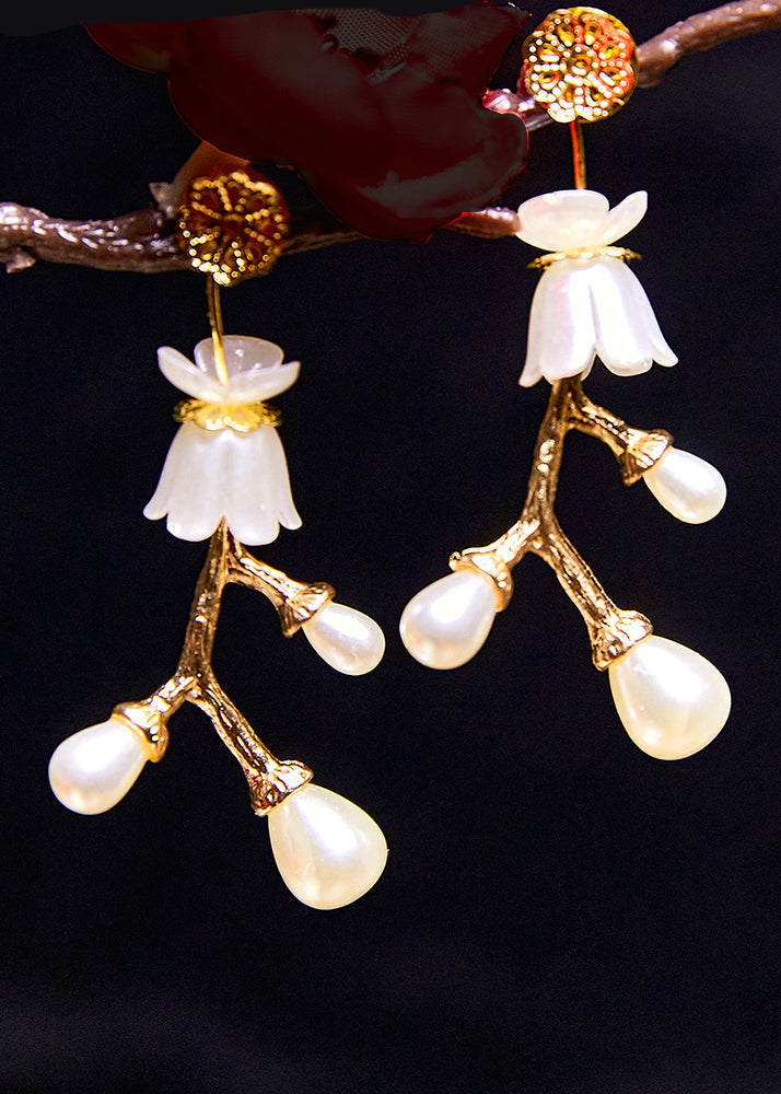 Stylish White Pearl 14K Gold Branch Drop Earrings - Omychic