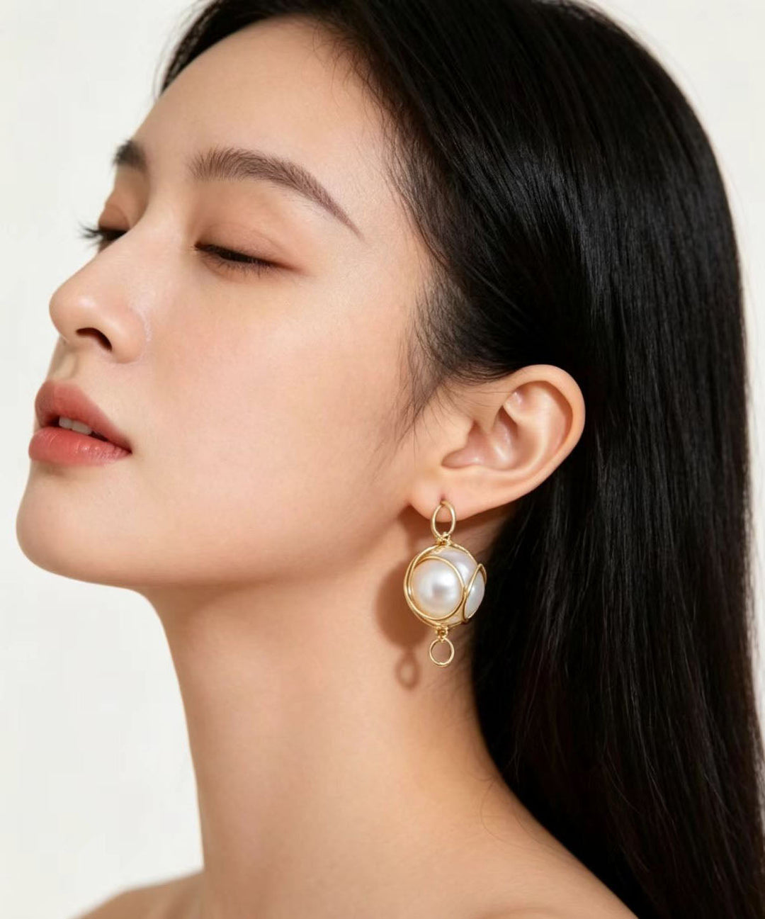 Stylish White Pearl Golden Thread Winding Drop Earrings