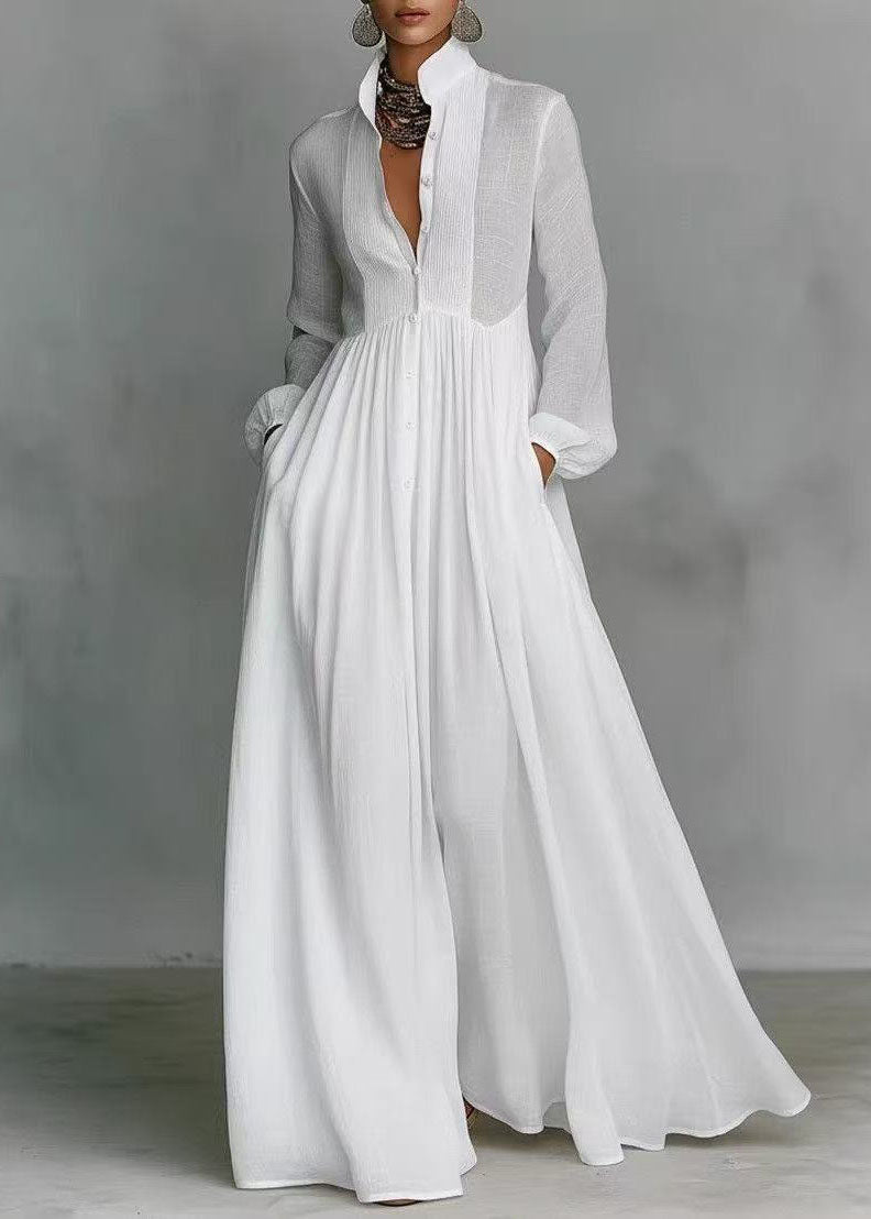 Stylish White Peter Pan Collar Patchwork Cotton Exra Large Hem Dresses Fall