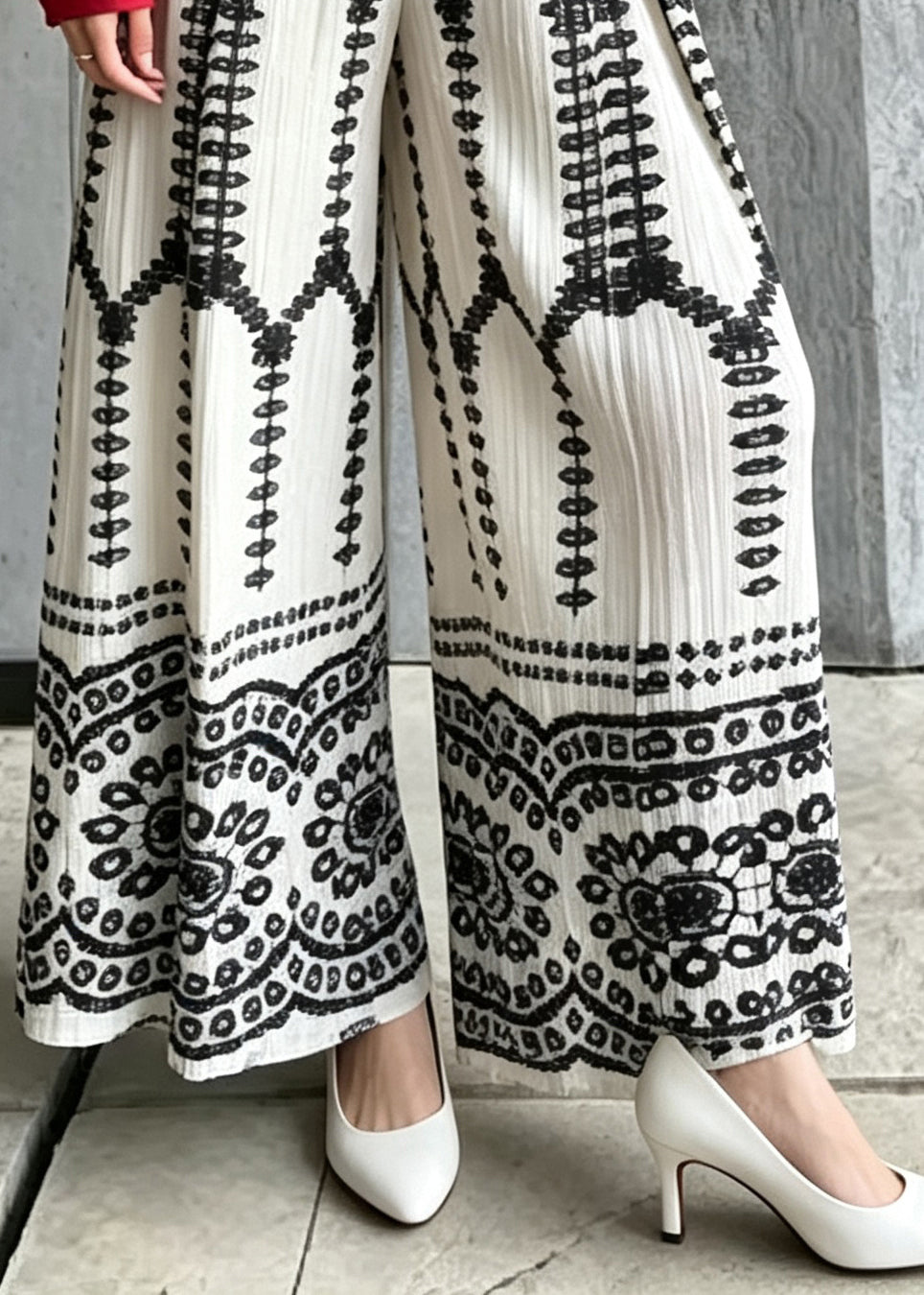 Stylish White Print Elastic Waist Wide Leg Pants Fall