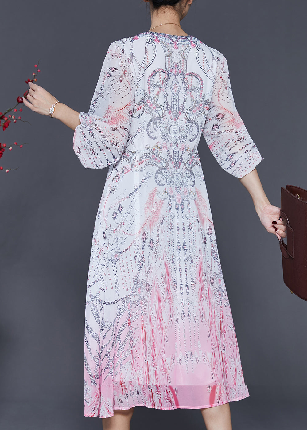 Stylish White Print Gradient Color Chiffon Beach Dresses Lantern Sleeve