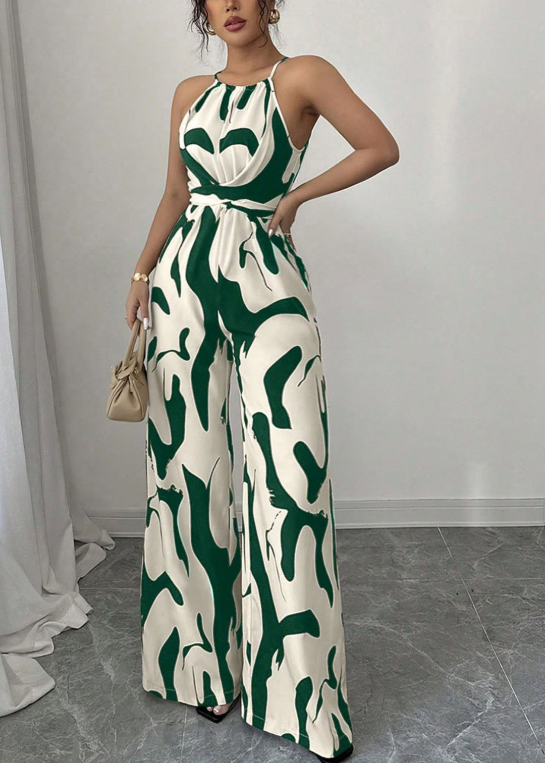Stylish White Print Lace Up Cotton Jumpsuits Sleeveless