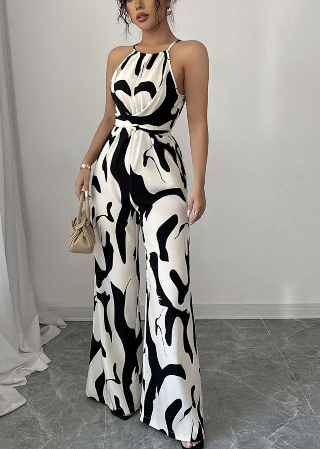 Stylish White Print Lace Up Cotton Jumpsuits Sleeveless