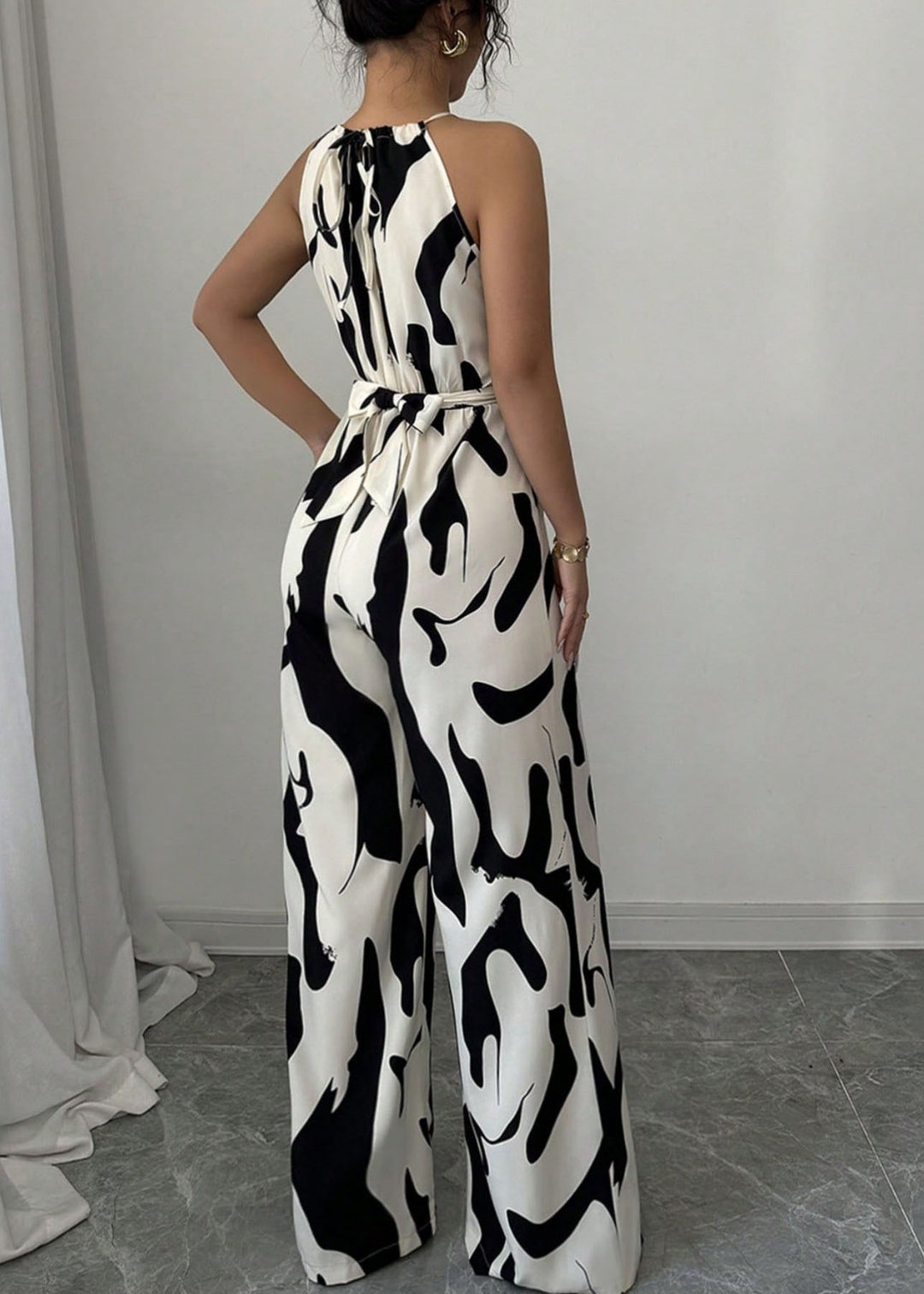 Stylish White Print Lace Up Cotton Jumpsuits Sleeveless