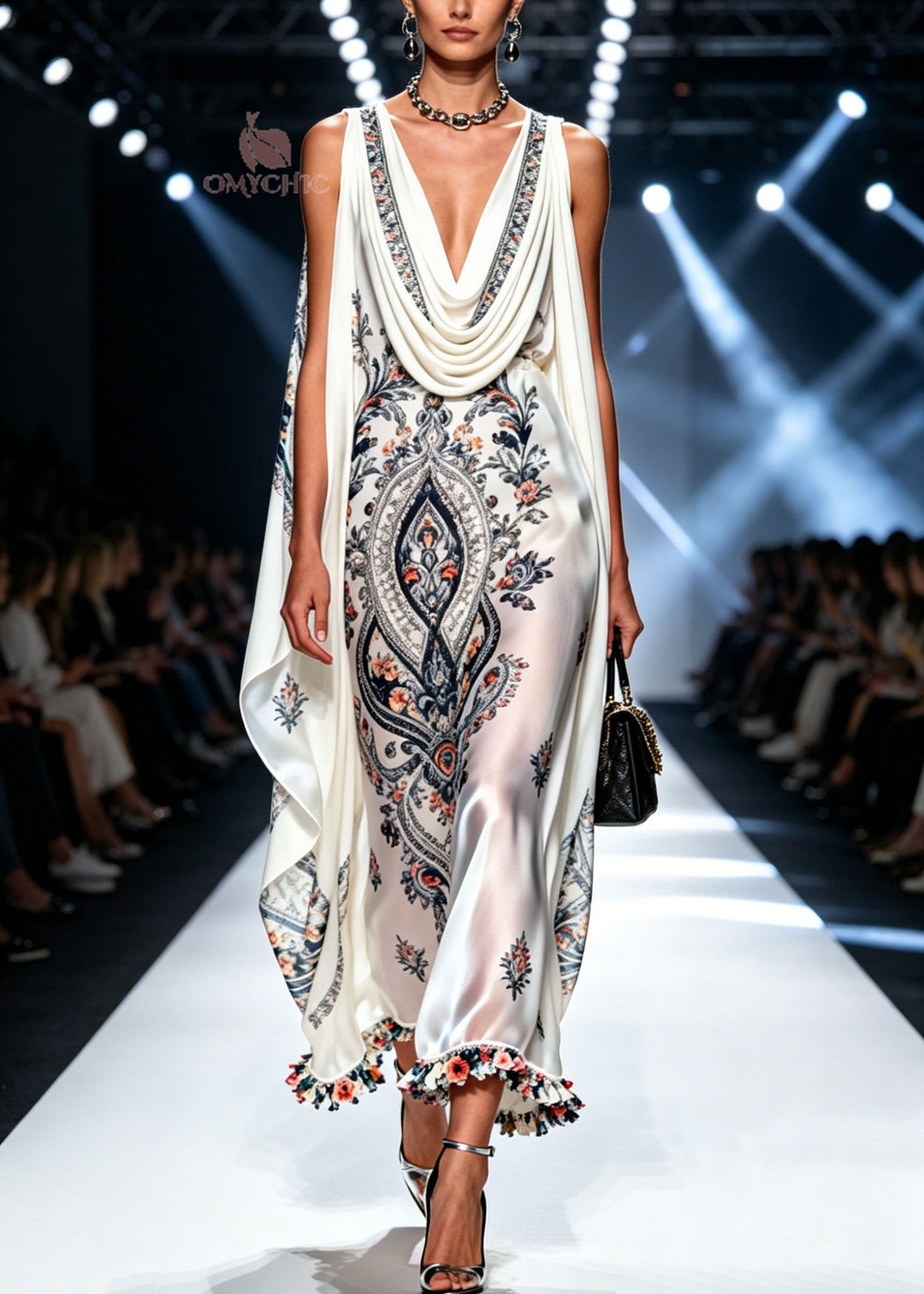 Stylish White Print Patchwork Chiffon Long Dress Summer