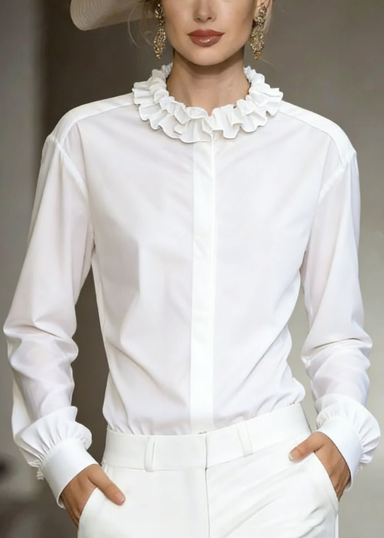 Stylish White Ruffled Button Solid Cotton Shirt Tops Fall - Omychic