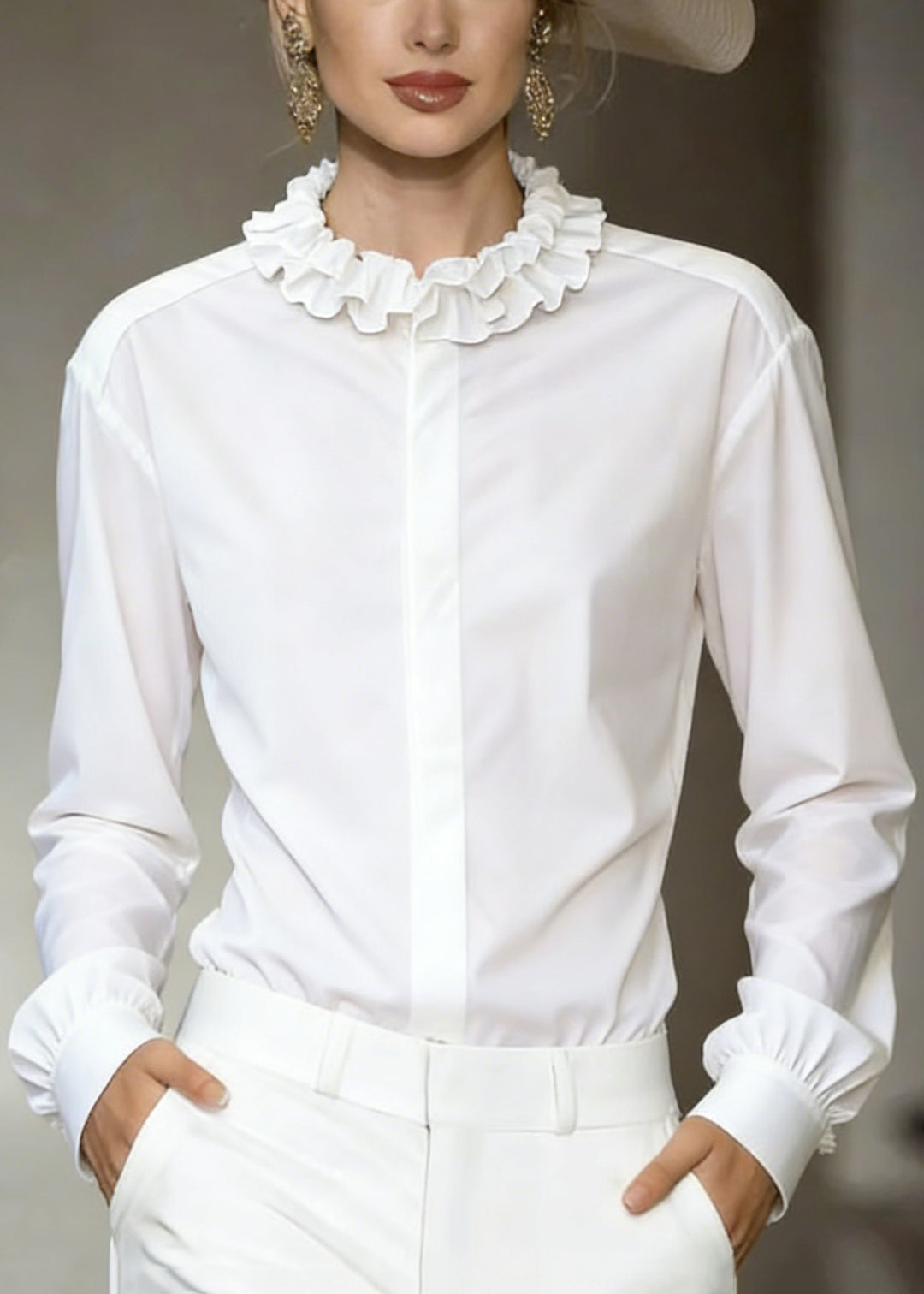 Stylish White Ruffled Button Solid Cotton Shirt Tops Fall - Omychic