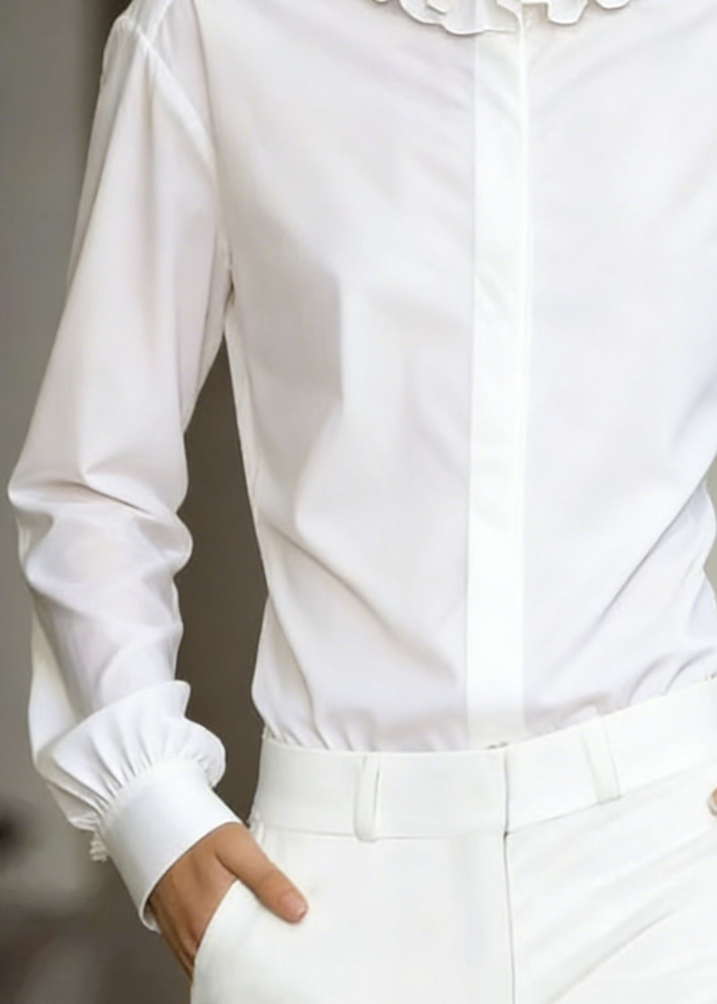 Stylish White Ruffled Button Solid Cotton Shirt Tops Fall - Omychic