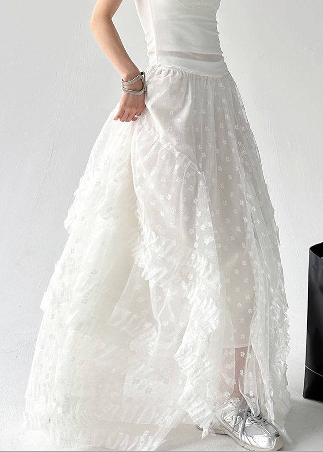 Stylish White Ruffled Elastic Waist Tulle Skirts Summer