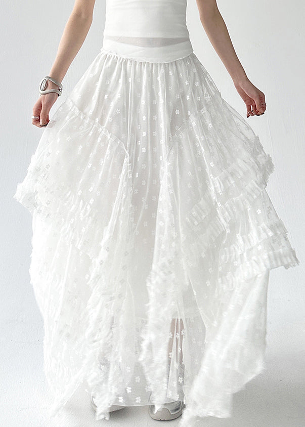 Stylish White Ruffled Elastic Waist Tulle Skirts Summer
