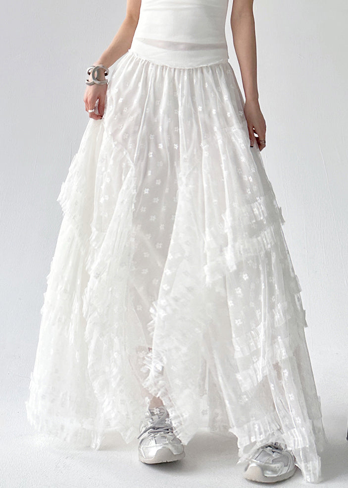 Stylish White Ruffled Elastic Waist Tulle Skirts Summer