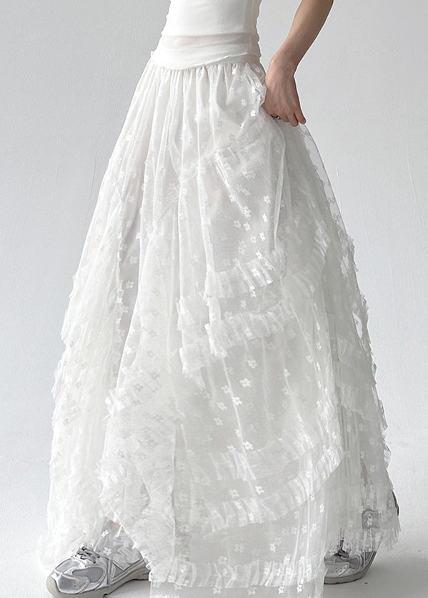 Stylish White Ruffled Elastic Waist Tulle Skirts Summer
