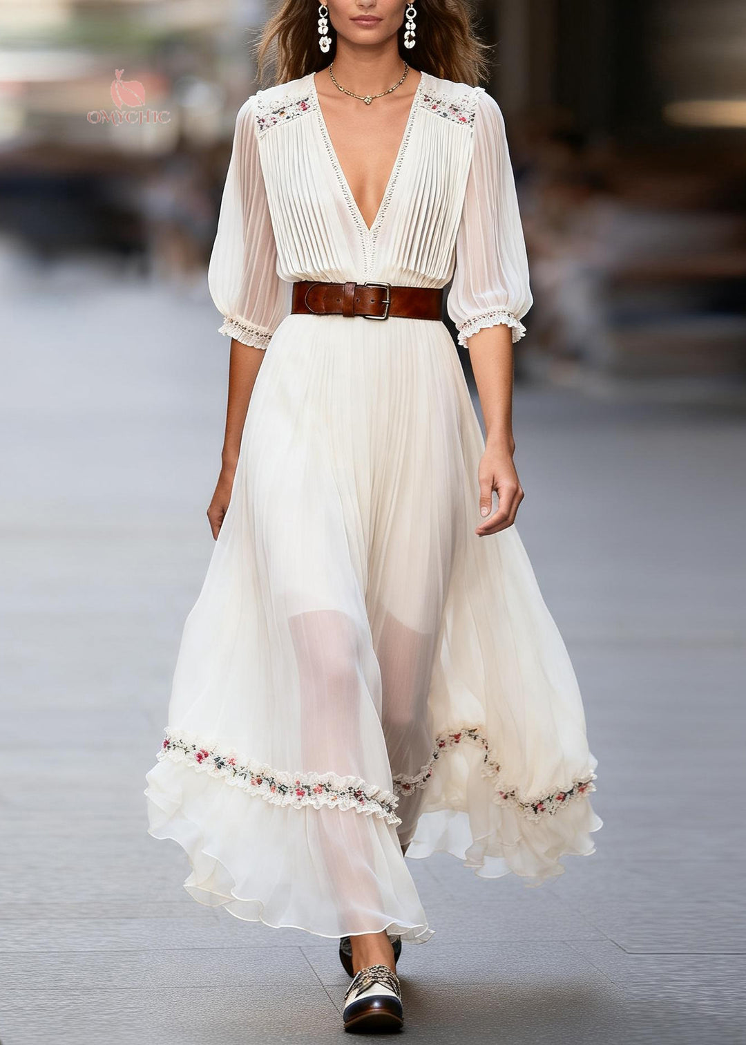 Stylish White Ruffled Floral Patchwork Chiffon Dress Summer