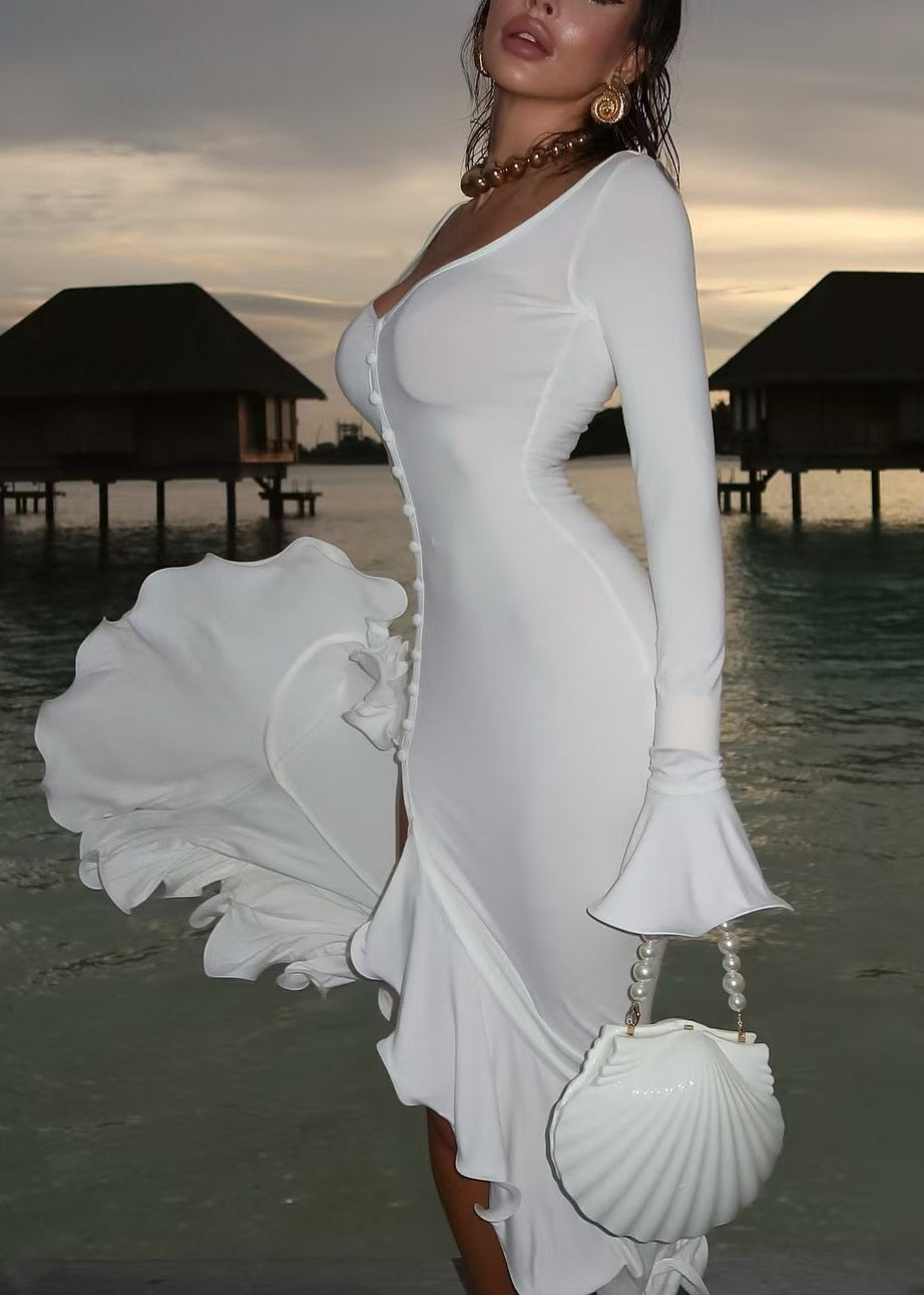 Stylish White Ruffled Patchwork Cotton Long Dress Flare Sleeve