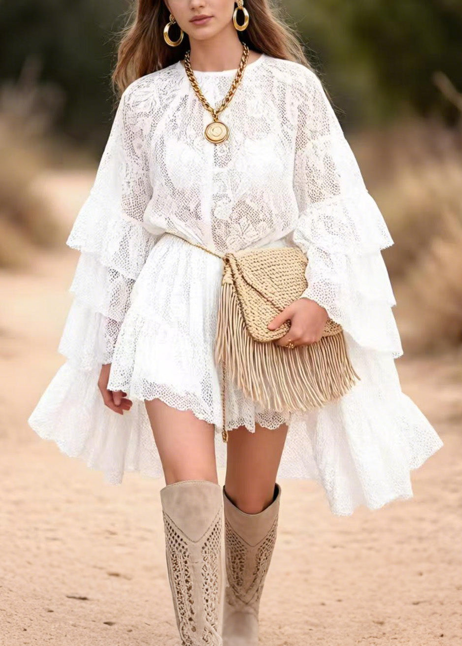 Stylish White Ruffled Patchwork Lace Mid Dress Butterfly Sleeve