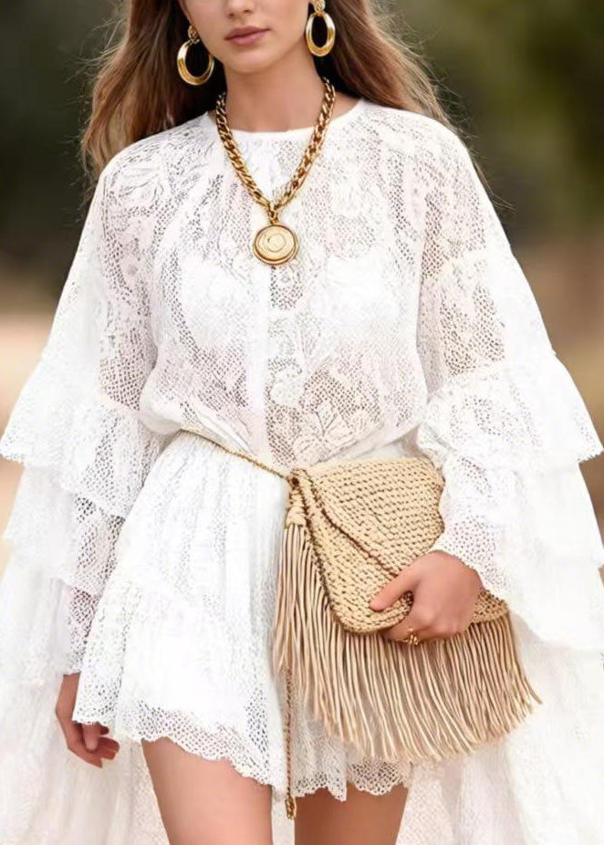 Stylish White Ruffled Patchwork Lace Mid Dress Butterfly Sleeve