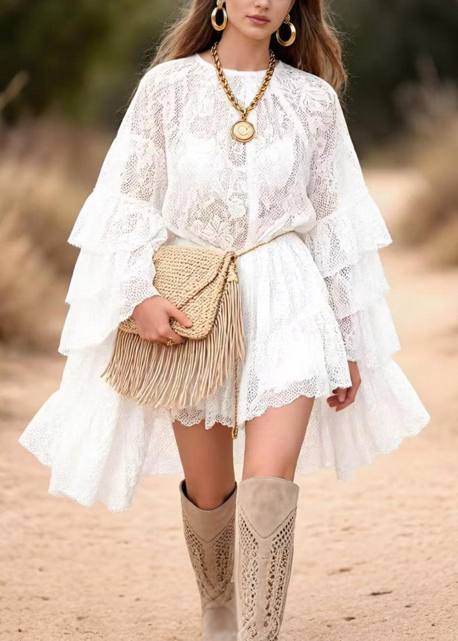 Stylish White Ruffled Patchwork Lace Mid Dress Butterfly Sleeve