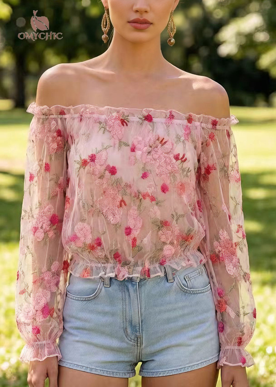 Stylish White Slash Neck Embroidered Tulle Top Long Sleeve