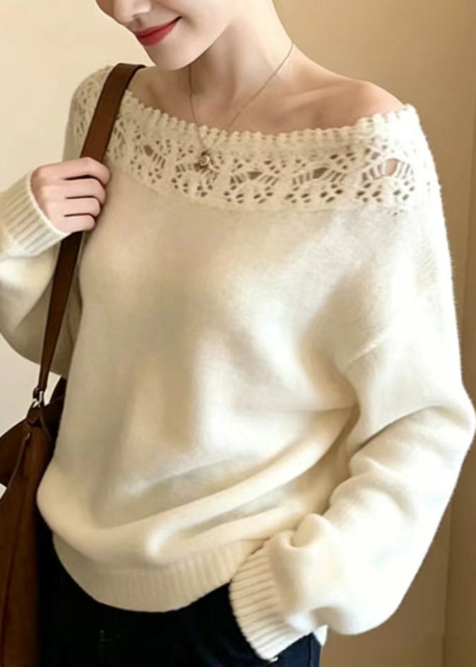 Stylish White Slash Neck Hollow Out Crochet Knit Sweater Long Sleeve